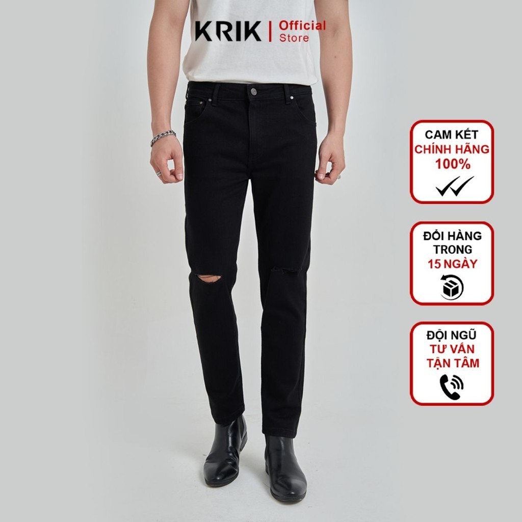 Quần Jean Nam Local Brand KRIK Form Slimfit Chất Liệu Cao Cấp Màu Đen Rách Gối QJ6028