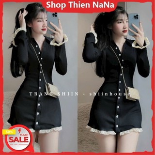 -25% Đầm xinh đẹp đi chơi HC chất thun gân lạnh body cổ v tay dài phối bèo lai và tay áo sang chảnh