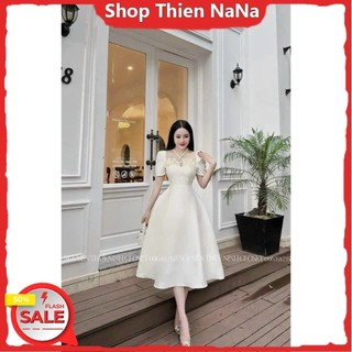 -25% Đầm xinh đẹp đi chơi chất tapta cứng cổ thuyền chéo dây cổ kết bông giả tay ngắn váy xoè maxi 3 màu