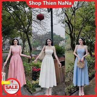 -25% Đầm xinh đẹp đi du lịch biển chất lụa 100D 2 dây cột nơ chạy mocking sau lưng có mút ngực váy xoè maxi HC