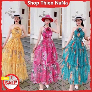 -25% Đầm xinh đẹp đi chơi chất voan hoa chifon cao cấp dây có mút đính hoa váy maxi tầng dài 3 màu HC