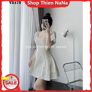 -25% Đầm xinh đẹp đi chơi chất gấm cổ vuông có mút đính cườm tay búp váy xoè đen và trắng