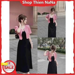 -25% SET đầm xinh đẹp đi chơi chất thun tăm nhung lạnh đen 2 dây suông kèm áo khoác lennin tay ngắn màu hồng HC