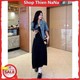 -25% Đầm xinh đẹp đi chơi Hè chất thun gân 2 dây váy suông HC kèm áo khoác jeans lững tay ngắn sơ mi