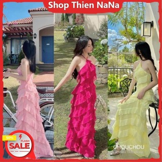 -25% Đầm xinh đẹp đi biển sexy chất voan cổ yếm dây cổ bèo rũ-vây maxi qua gối nhiều màu