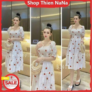 -25% Đầm xinh đẹp đi chơi chất lụa 100D in hoạ tiết cute cổ vuông nhún dây co giãn-váy xoè tầng