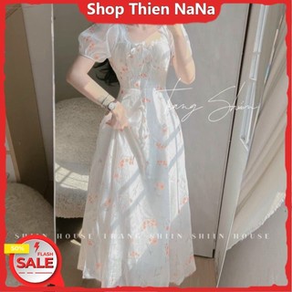 -25% Đầm xinh đẹp đi biển mùa Hè chất voan hoa cao cấp hoa văn cổ vuông cột dây tay ngắn váy maxi