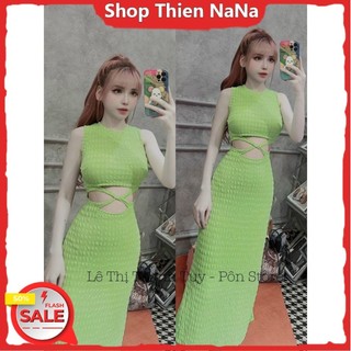 -25% Đầm xinh đẹp đi chơi-váy chất thun xốp y mẫu cổ sát nách khoét phần eo đan chéo dây y hình 100%
