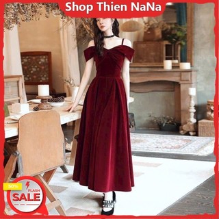 -25% Đầm xinh đẹp đi chơi Tết chất UMI dày trễ vai có dây vai váy xoè maxi một màu đỏ thiết kế đi tiệc sang trọng