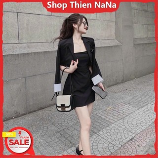 -25% Đầm xinh đẹp đi chơi chất cotton lạnh 2 dây phối kèm áo khoác vest tay dài crotop ngắn màu đen