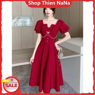 -25% Đầm xinh đẹp đi chơi chất FOR MỀM cổ vuông tay ngắn đính phụ kiện dây váy xoè HC đen đỏ 2 màu sang chảnh