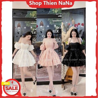 -25% Đầm xinh đẹp đi tiệc chất tapta 2 dây đính cườm kèm lông vũ trễ vai