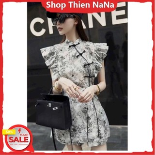 -25% Đầm xinh đẹp đi chơi cổ tàu chất voan hoa bèo tay cánh tiên nút giả gài váy có lót HC