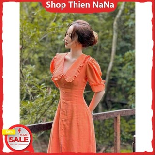 -25% Đầm xinh đẹp đi chơi chất đủi cổ bèo lá có đính nút tay lỡ dáng váy dài hàng cao cấp