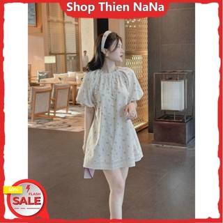 -25% Đầm xinh đẹp đi chơi chất gân xước in bông babydoll tay búp phối lai ren Trắng Hồng HC