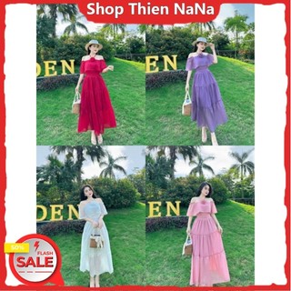 -25% Đầm xinh đẹp đi biển chất voan cao cấp có mút ngực trễ vai cột dây cổ đính hoa tay ngắn-váy maxi dài