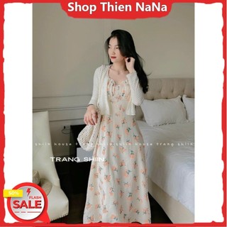 -25% Đầm xinh đẹp đi chơi chất lụa 2 dây hoa văn nhí kèm khoác ren tay dài