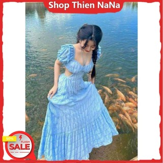 -25% Đầm xinh đẹp đi chơi đi biển đi du lịch-Đầm maxi chất xốp bông y mẫu có mút cổ yếm tay phồng có cột dây cổ cao
