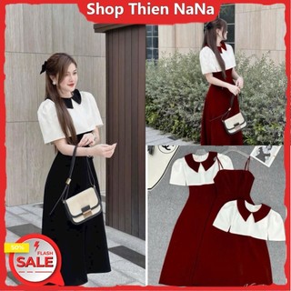 -25% Đầm xinh đẹp đi chơi Tết chất nhung 2 dây maxi kèm áo khoác cotton lạnh trắng cổ sơ mi phối cổ vạc nhọn Đen Đỏ