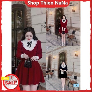 -25% Đầm xinh đẹp nhữ đi chơi Tết chất NHUNG phối lụa yếm trắng đính nơ đen bèo viền ren tay dài váy xoè đen đỏ HC