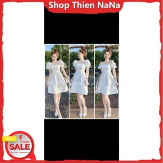 -25% Đầm xinh đẹp đi chơi chất gấm cổ vuông tay búp màu trắng váy ôm ngực xoè dưới