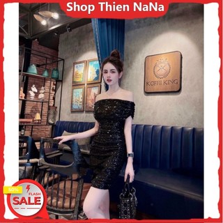 -25% Đầm xinh đẹp đi tiệc chất kim sa 2 lớp chuẩn hàng shop trễ vai coa mút ngực váy ôm body