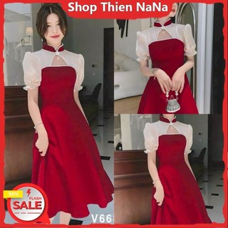 -25% Đầm xinh đẹp đi chơi Tết chất UMI dày cao cấp cổ tàu phối voan tơ kèm phụ kiện có mút ngực váy xoè maãi màu đỏ