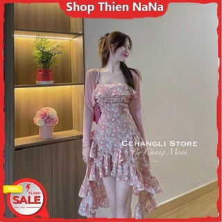 -25% ĐẦM xinh đẹp ĐI CHƠI HÈ CHẤT LỤA 100D DÂY HOẠ TIẾT HOA BÈO ĐUÔI CÁ KÈM KHOÁC TAY DÀI THUN GÂN ĐEN VÀ HỒNG