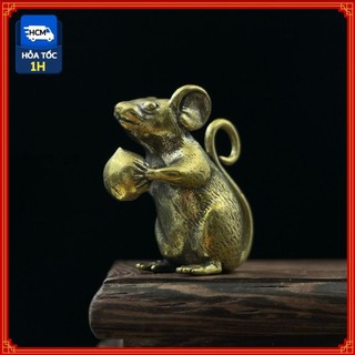 Tượng Đồng Thau Hình Chuột Tặng Quả Đào Vàng (Kích cỡ: 3 x 3.3cm)