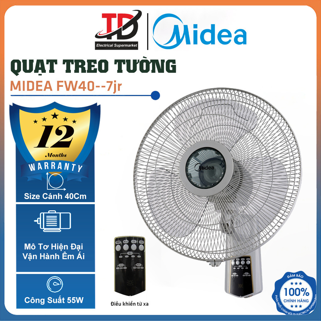 Quạt Treo Tường Midea FW40-7JR, Điều Khiển Từ Xa, 3 Cánh 40cm, Hàng Chính Hãng