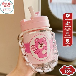 Bình nước Gấu Lotso gấu dâu bọc da và dây đeo bình nước cao cấp 400ml, Cốc Thủy Tinh Chống Đổ Nước