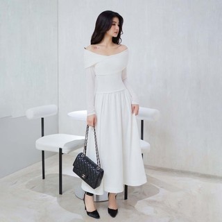 RECHIC Đầm trễ vai Ryry xoắn ngực tay dài dáng xòe sang trọng