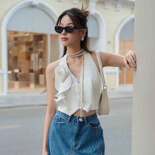 RECHIC Áo cổ yếm Heres hoa đính kèm ngực áo cổ V sang trọng