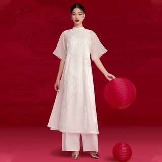  RECHIC Áo Dài Ý Niên cổ thấp tay lửng thêu hoa sang trọng dịu dàng