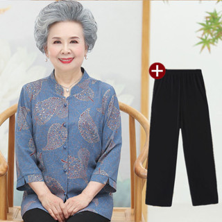 Áo sơ mi cao cấp mùa hè phụ nữ người già 60-70-80 tuổi, quần áo mỏng bà ngoại mùa xuân mẹ bộ đồ
