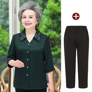 Quần áo cao cấp mùa hè cho người già 60-70-80 tuổi nữ của bà ngoại, áo sơ mi tay ngắn mỏng, bộ đồ của mẹ