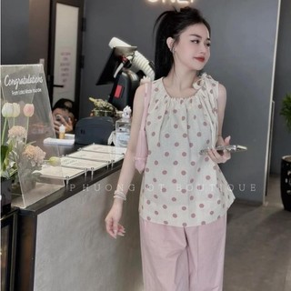 SET ÁO THÔ CHẤM BI CỔ NƠ QUẦN SUÔNG