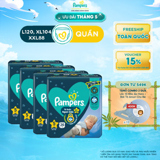 Combo 4 Tã/ Bỉm Quần PAMPERS Ngon Giấc Size L30/ XL26/ XXL22, Khô Thoáng Suốt Đêm