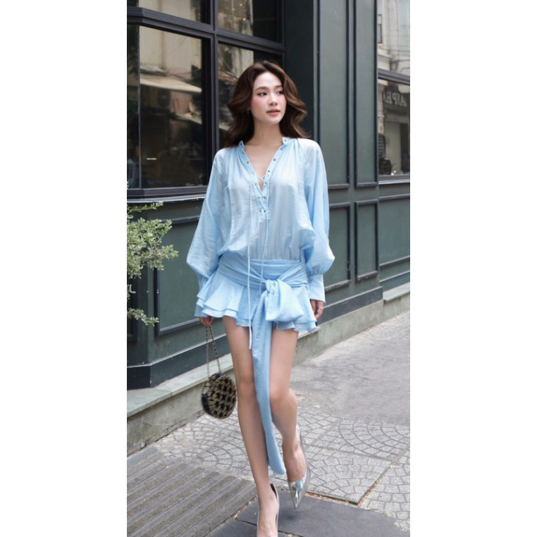 Đầm tay dài nhún hông cột nơ xinh xắn - Machiko19_storee