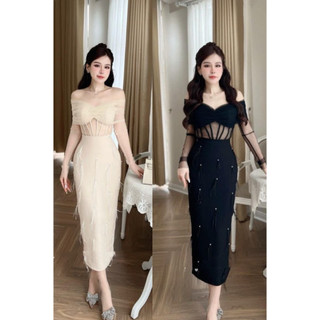 V70 Váy Thiết Kế Trễ Vai Lưới Đính Đá Thủ Công Doll Diva Dress