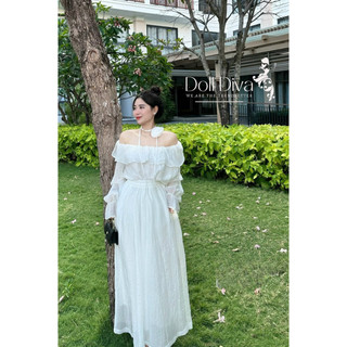 Set Áo Trễ Vai Kèm Chân Váy Xòe Tag Hoa Cổ Chất Tơ Đũi Mát Mịn Doll Diva