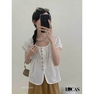 Áo sơ mi cổ tròn tay cộc dáng suông dọc cúc nâu