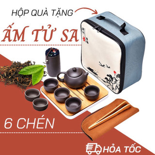 Bộ ấm chén uống trà tử sa 6 chén, 12 món, bộ ấm trà túi đựng xách tay