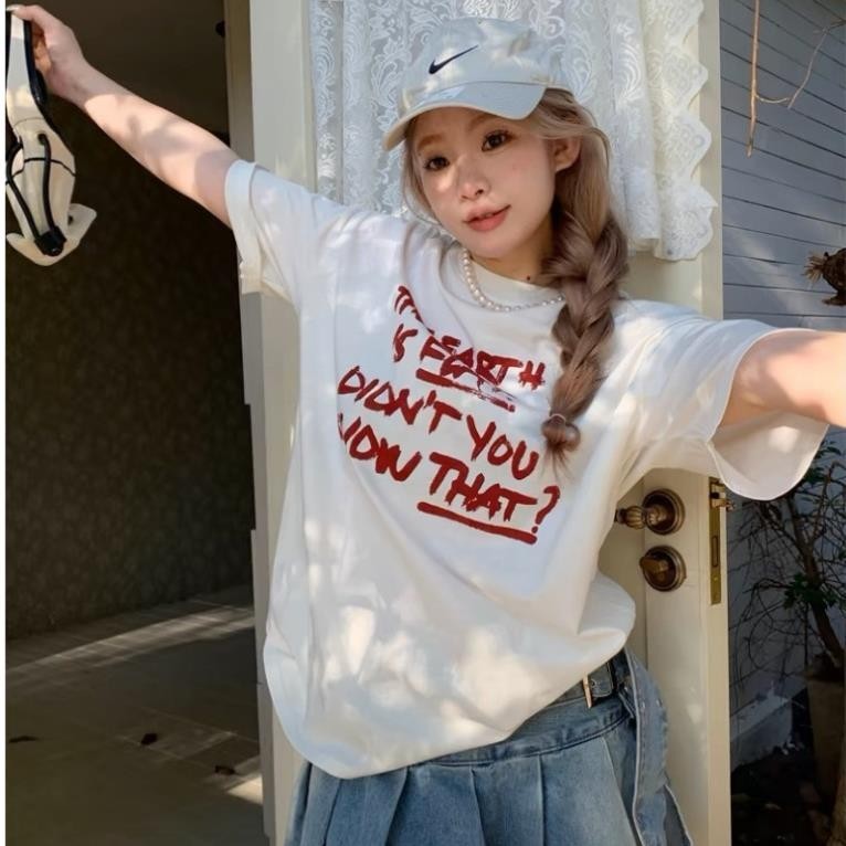 Áo thun nữ form rộng hình in EARTH cổ tròn vải cotton 4 chiều ngắn tay mùa hè UT