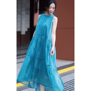 JOVEN Đầm maxi chất liệu organza cao cấp thiết kế suông dáng dài màu xanh
