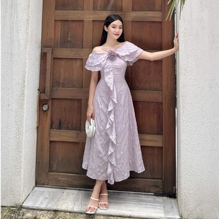 JOVEN Đầm Dài Lady Kiểu Trễ Vai Phối Viền Bèo Dịu Dàng Nữ Tính