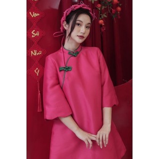 Đầm mini tafta liên hoa Joven màu hồng cổ tay lỡ, áo dài cách tân mặc Tết