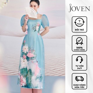 Áo dài tết cách tân lụa organza cát vy Joven màu xanh phối hoạ tiết hoa