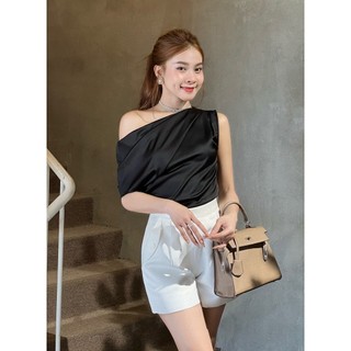 Áo lụa cổ lệch Joven 2 màu da, đen sang chảnh