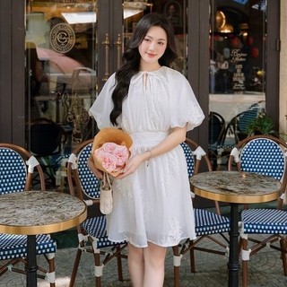 JOVEN Đầm Ngắn Marshmallow Tay Phồng Chiết Eo Nhẹ Nhàng Nữ Tính